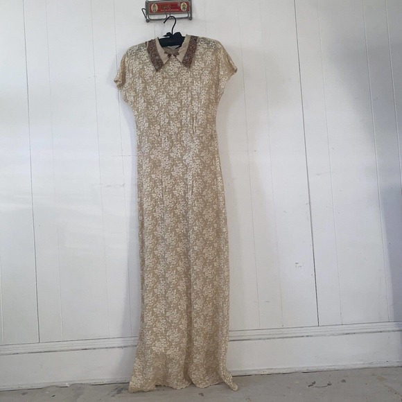 Vintage 1940s Sheer Embroidered Mesh Lace Bias Cut Dress W Paisley Silk Collar - Picture 1 of 16
